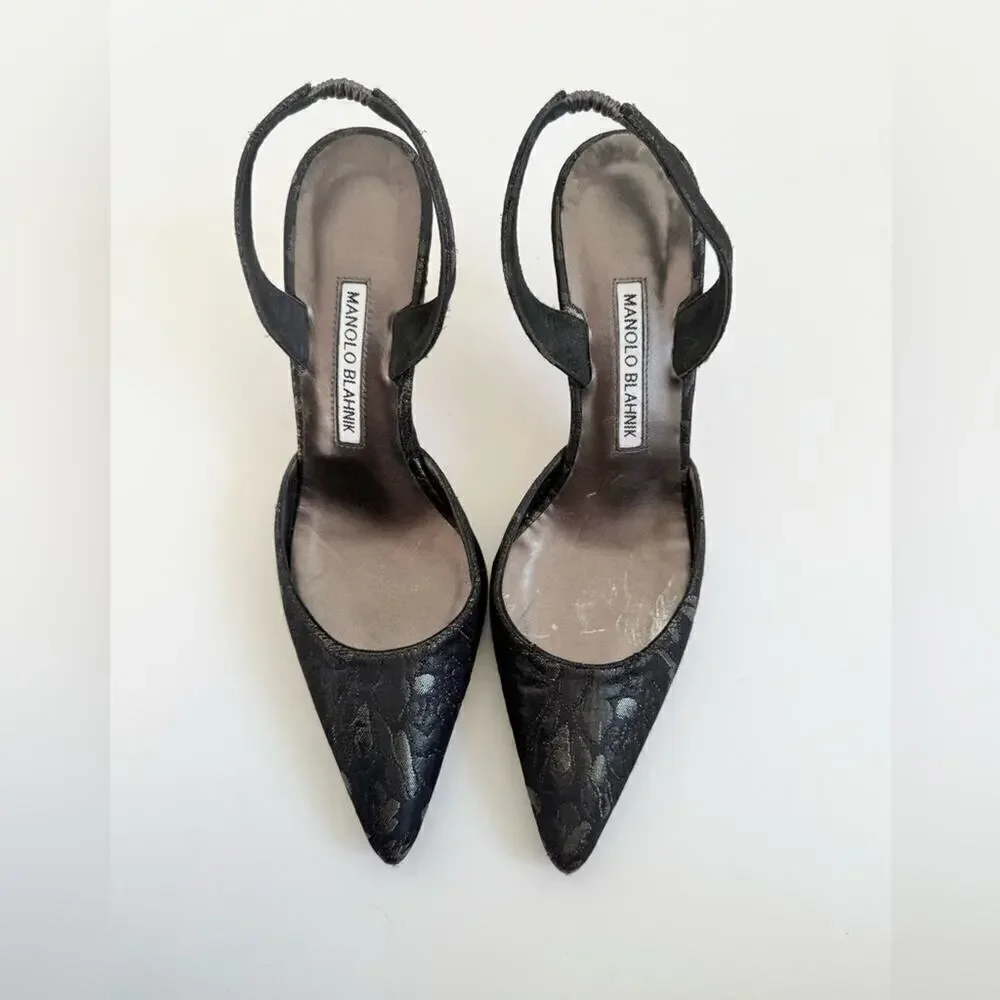 Manolo Blahnik Black Metallic Grey Floral Brocade Carolyne pumps 70mm EU 38